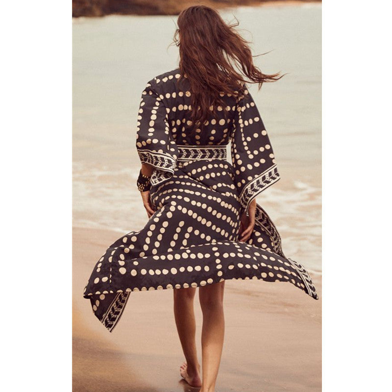 Beach Cardigan Long Sleeve Sun Protection Lace-up Printing Long Beach Wear Dress Leisure Fashion Loose Sexy Bikini Cover Up