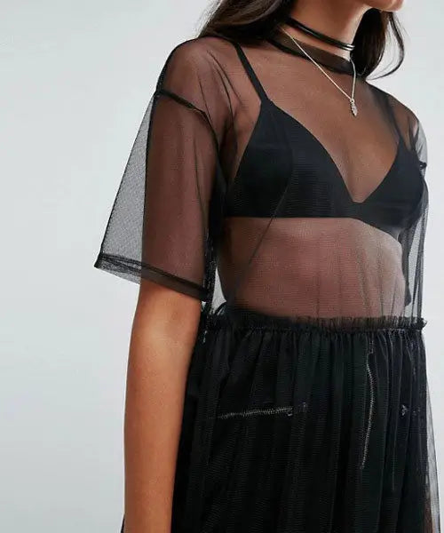 New Fashion Women Black Mesh Cover Up Sheer Short Sleeve Blouses