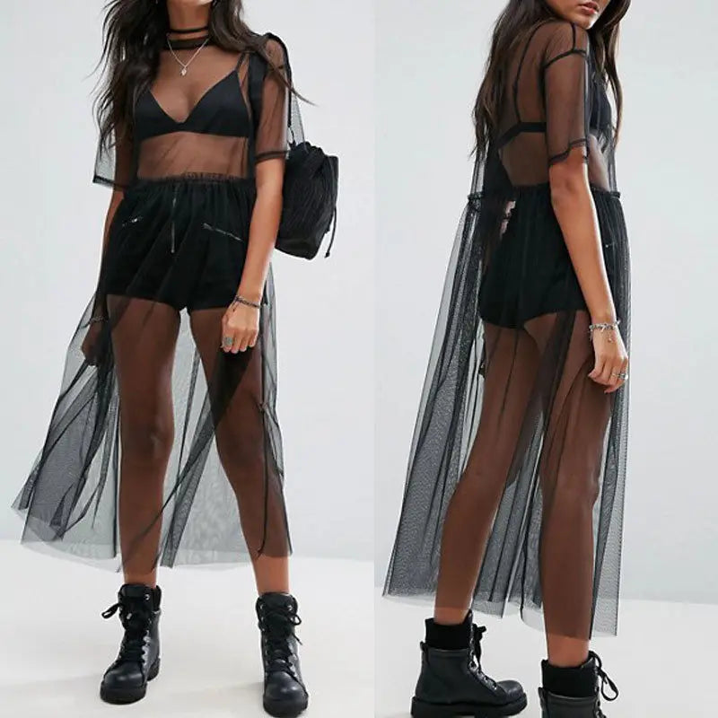 New Fashion Women Black Mesh Cover Up Sheer Short Sleeve Blouses