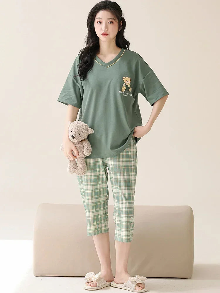 SUKAE Lady Pajamas Set M-5XL Big Size Calf-length O-Neck Sleepwear for Women