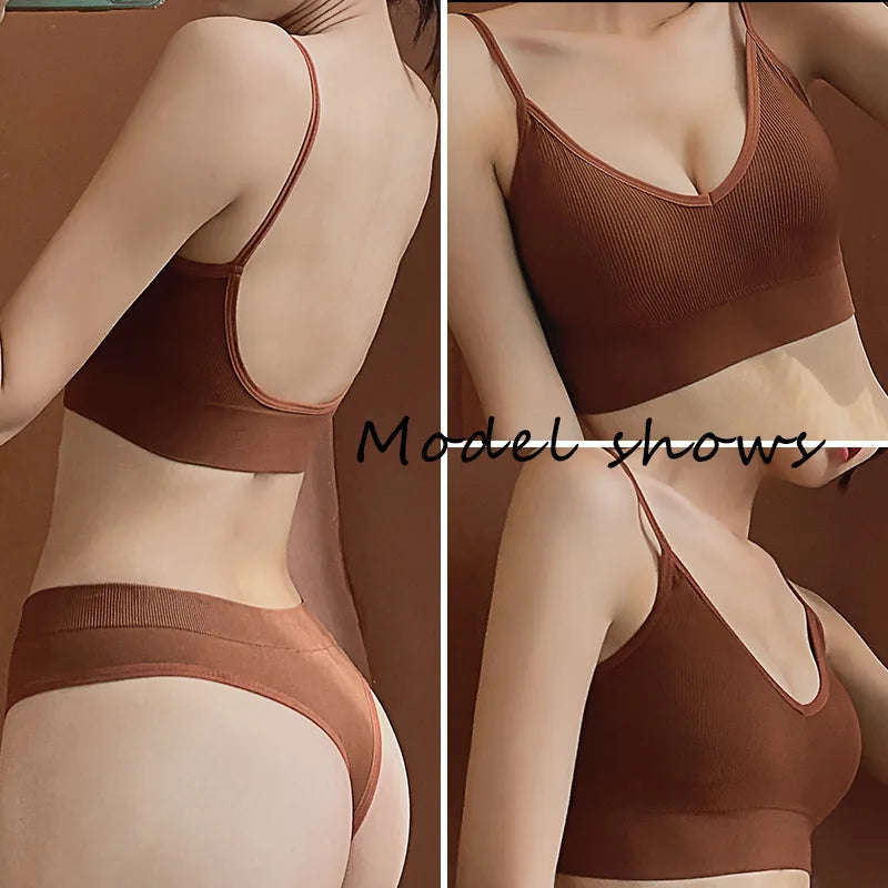 Women Seamless Bra Set Sexy Thong Low Waist Panties Sports Bralette