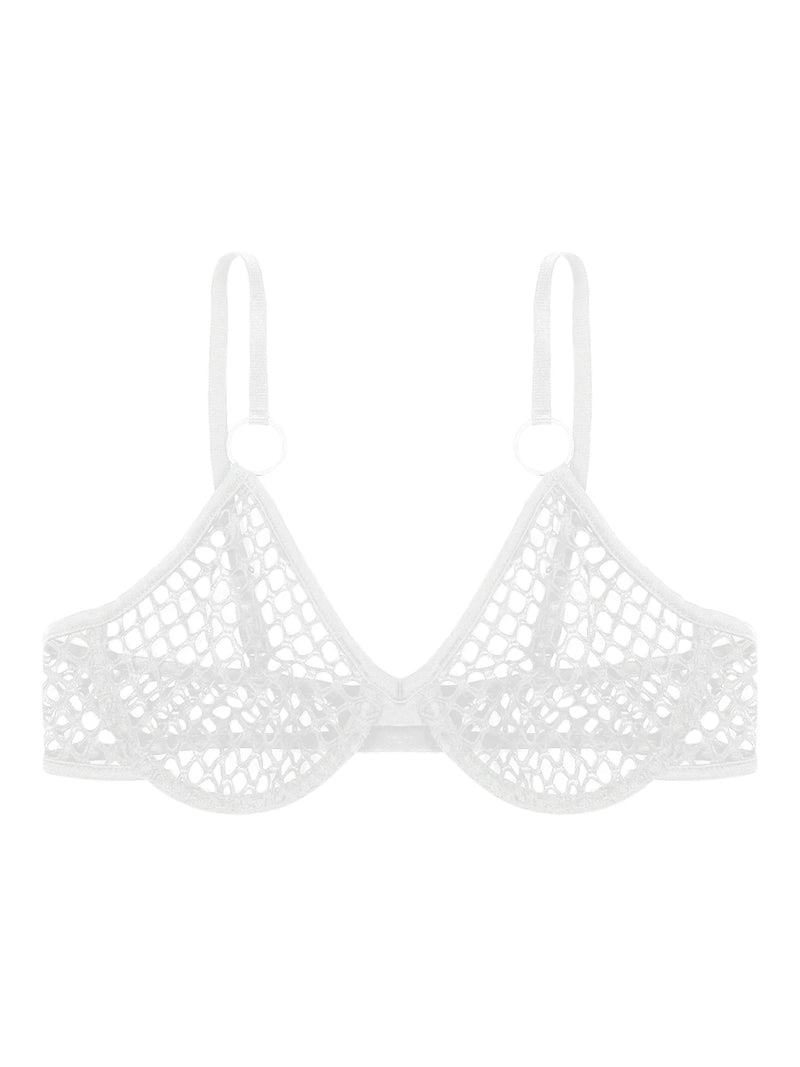 Womens Fishnet Mesh Bra Tops Adjustable Straps Underwired See Through