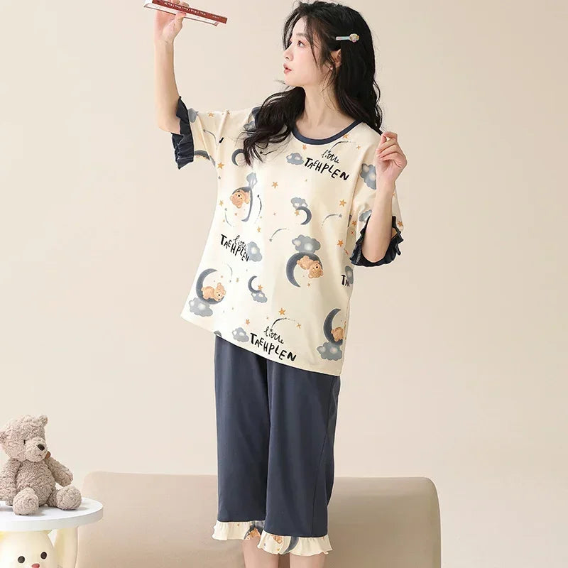 SUKAE Lady Pajamas Set M-5XL Big Size Calf-length O-Neck Sleepwear for Women