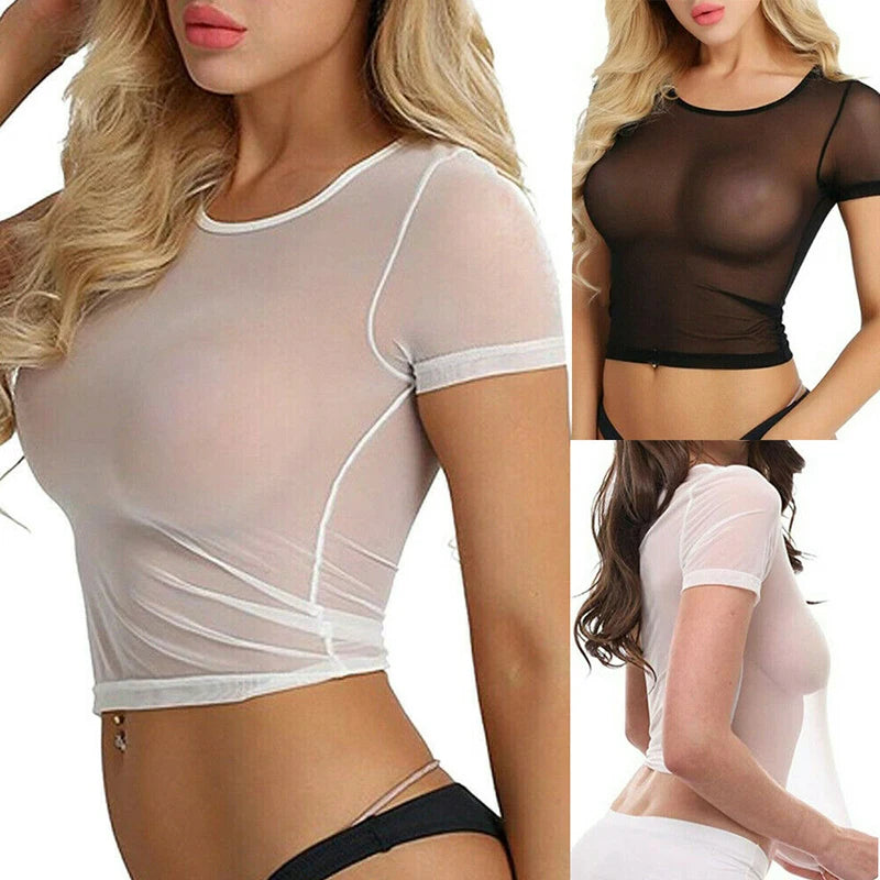 Sexy Women T Shirt See Through Mesh Sheer Tank Crop Top Vest Female