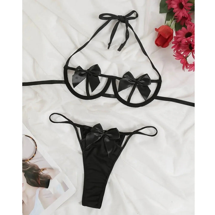 Babydolls Transparent Underwear Sexual Lingerie Woman Sexy Hollow Out Sleepwear Sex Bow Open Bra and Pajama Set Erotic Costume