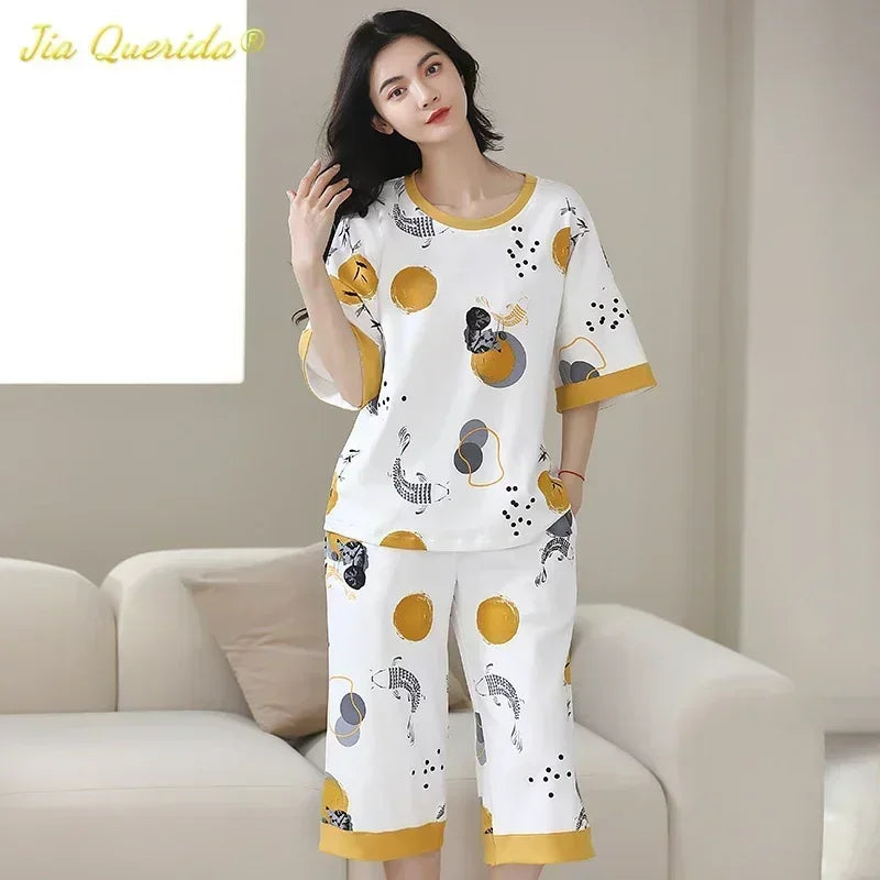 SUKAE Lady Pajamas Set M-5XL Big Size Calf-length O-Neck Sleepwear for Women