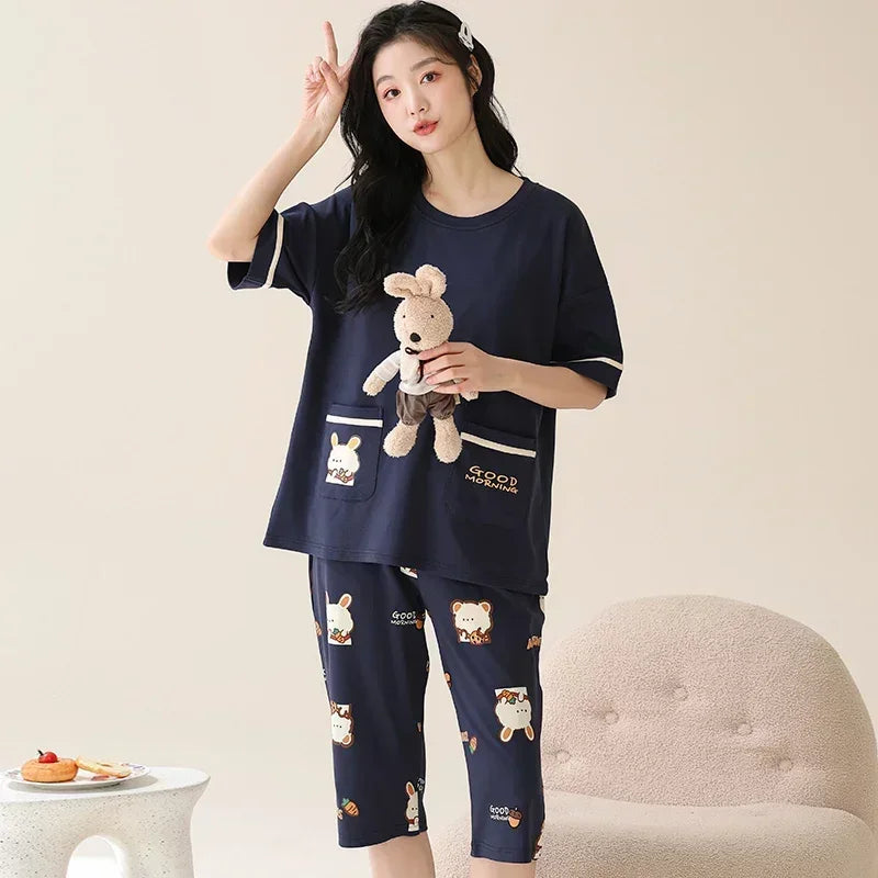 SUKAE Lady Pajamas Set M-5XL Big Size Calf-length O-Neck Sleepwear for Women