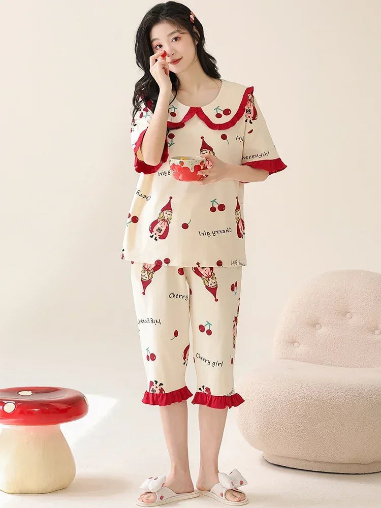 SUKAE Lady Pajamas Set M-5XL Big Size Calf-length O-Neck Sleepwear for Women