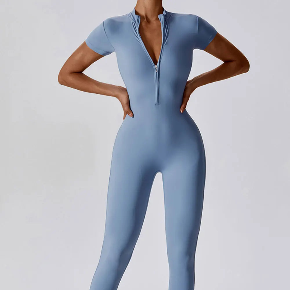 Yoga Set Women's Jumpsuits One-Piece Suit Zipper Short Sleeve Gym