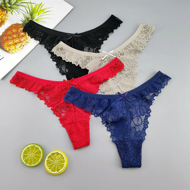 3pcs Charming Ladies Hollow Out Transparent Lace Thong Panties T Back