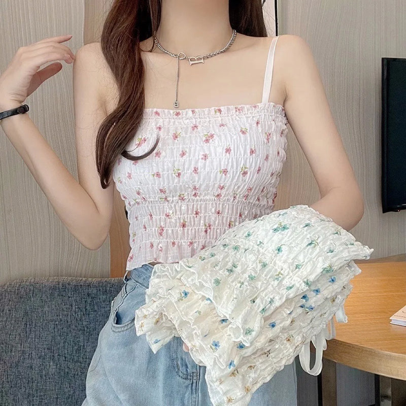 Floral Printed Camisole Woman Summer Sweet Spaghetti Strap Tank