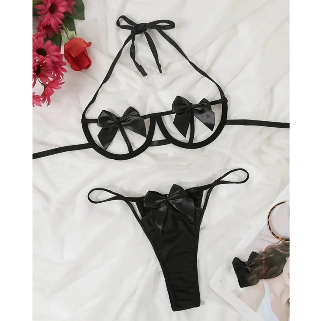 Babydolls Transparent Underwear Sexual Lingerie Woman Sexy Hollow Out Sleepwear Sex Bow Open Bra and Pajama Set Erotic Costume