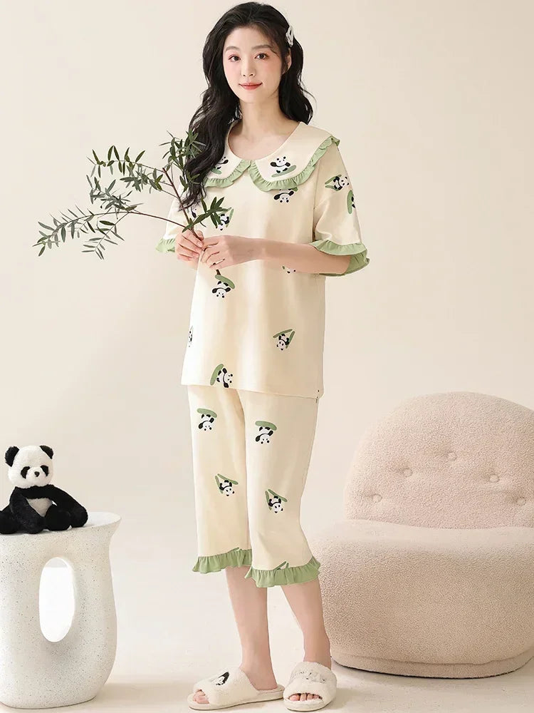 SUKAE Lady Pajamas Set M-5XL Big Size Calf-length O-Neck Sleepwear for Women