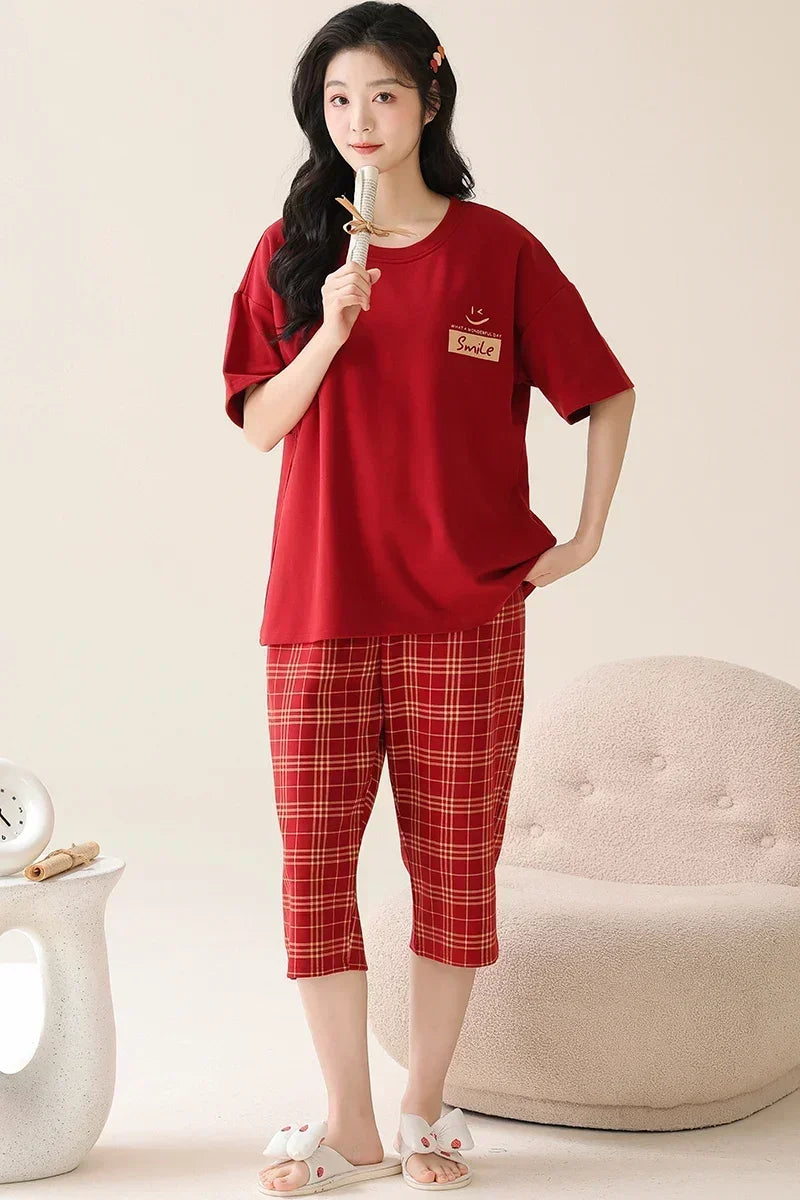 SUKAE Lady Pajamas Set M-5XL Big Size Calf-length O-Neck Sleepwear for Women