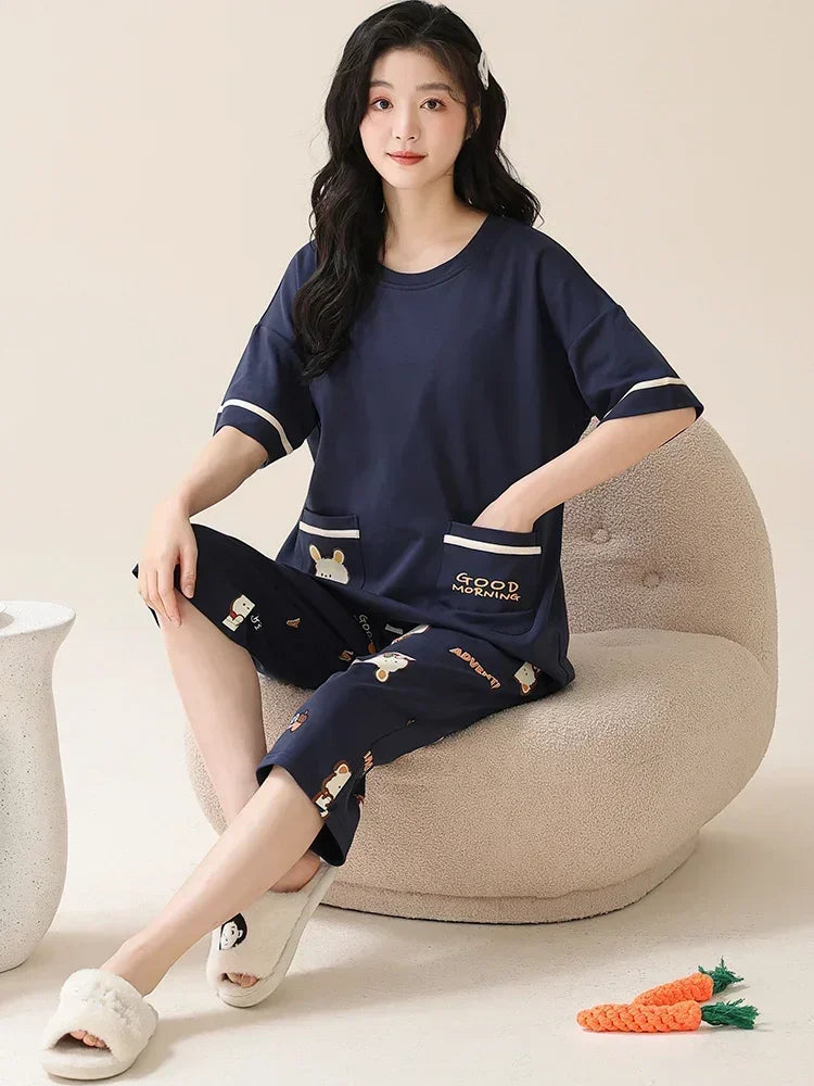 SUKAE Lady Pajamas Set M-5XL Big Size Calf-length O-Neck Sleepwear for Women