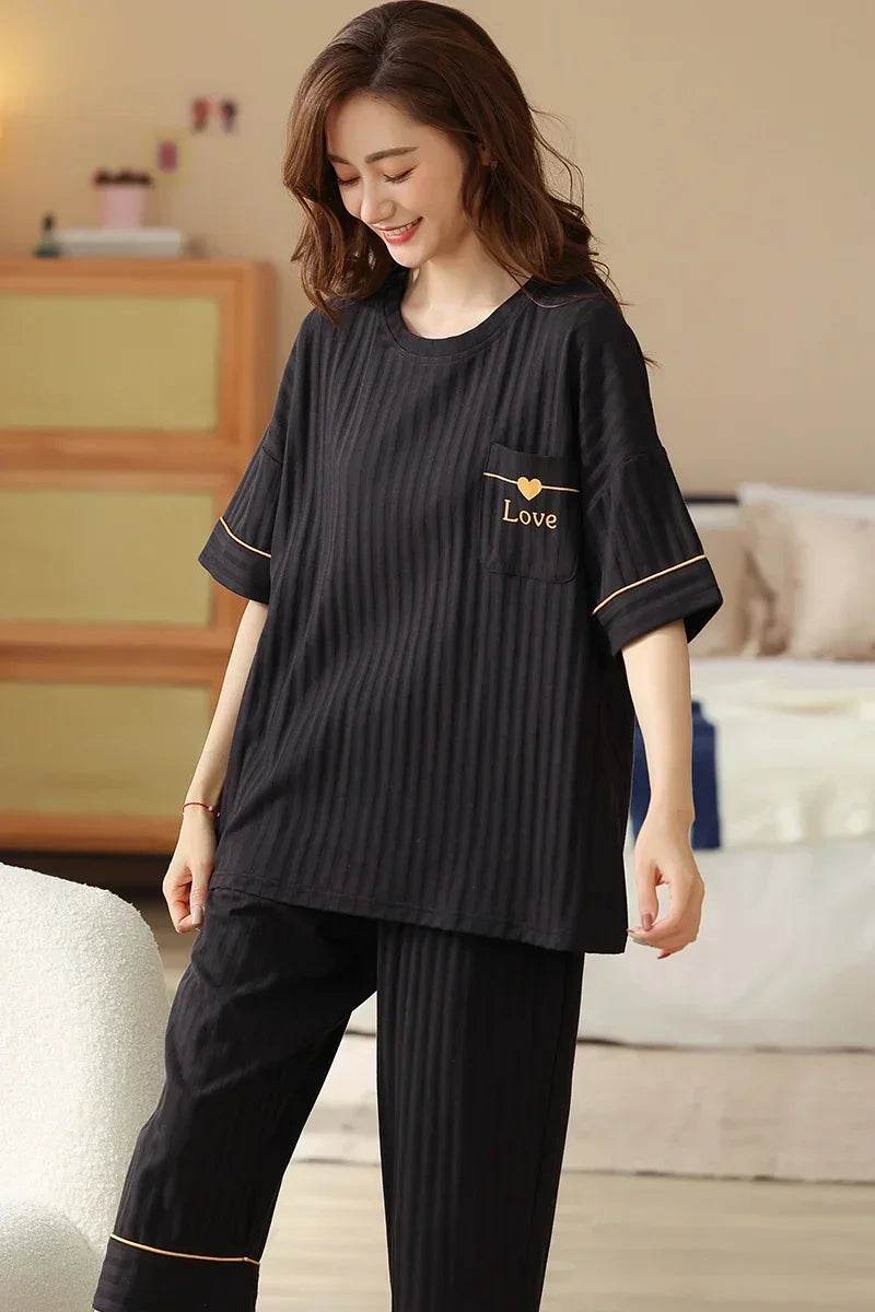 SUKAE Lady Pajamas Set M-5XL Big Size Calf-length O-Neck Sleepwear for Women