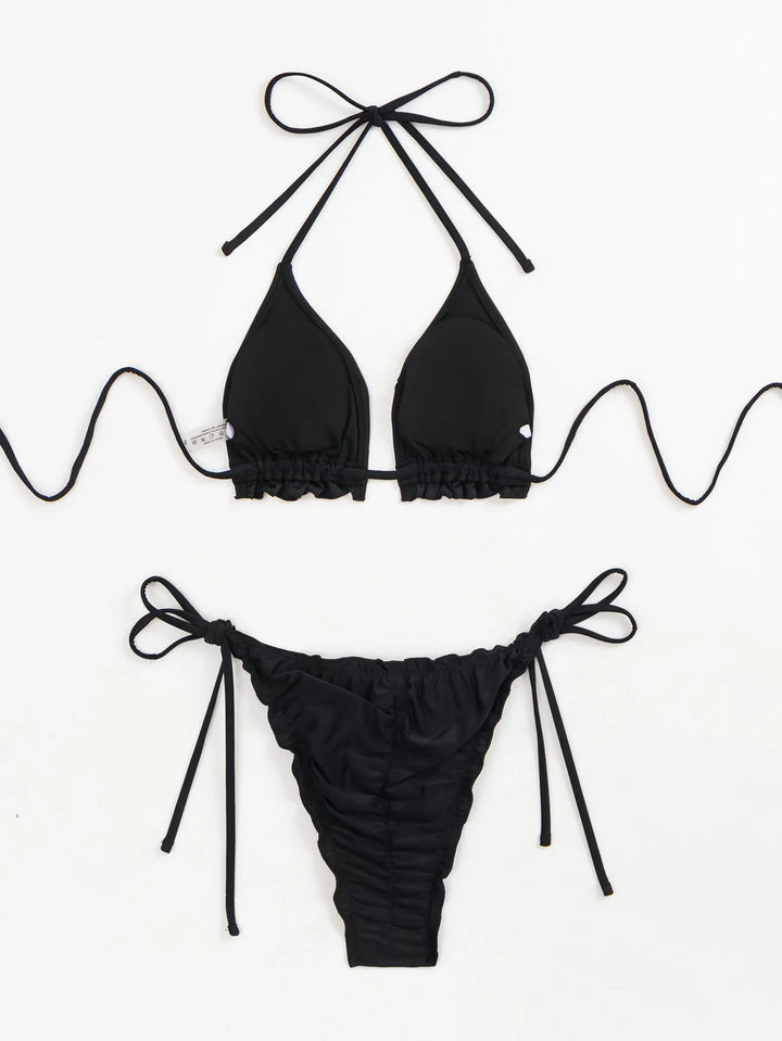 Y2K Black Triangle Halter Bikini Set Female Sexy String Beach