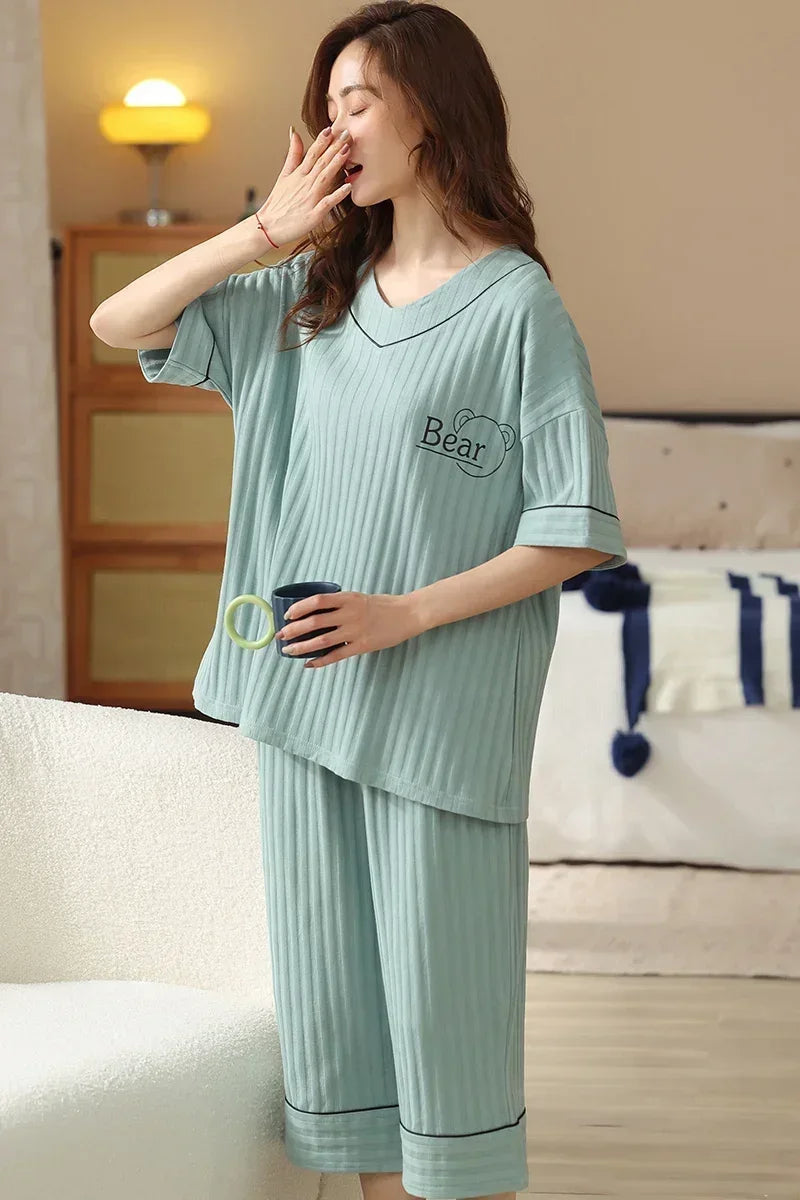 SUKAE Lady Pajamas Set M-5XL Big Size Calf-length O-Neck Sleepwear for Women