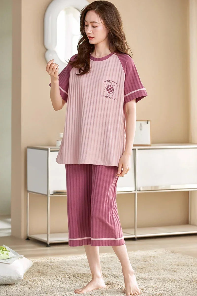 SUKAE Lady Pajamas Set M-5XL Big Size Calf-length O-Neck Sleepwear for Women