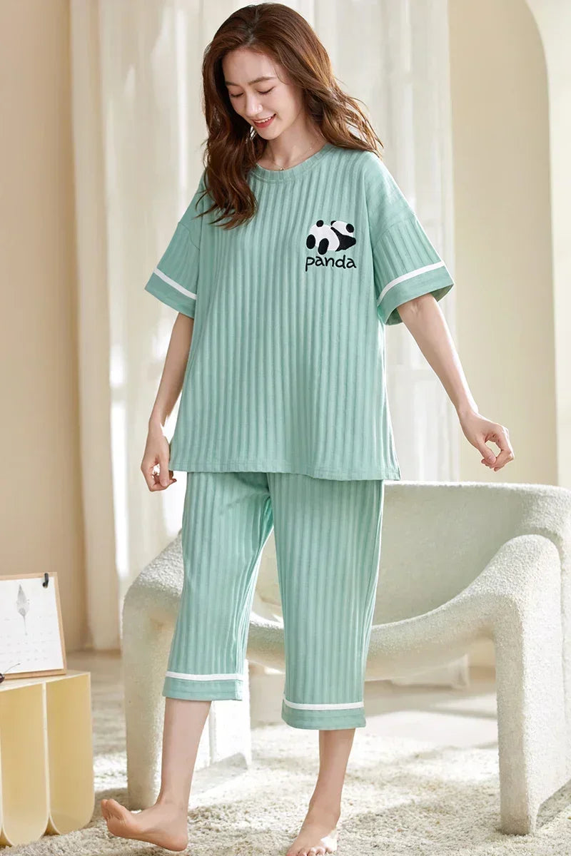 SUKAE Lady Pajamas Set M-5XL Big Size Calf-length O-Neck Sleepwear for Women