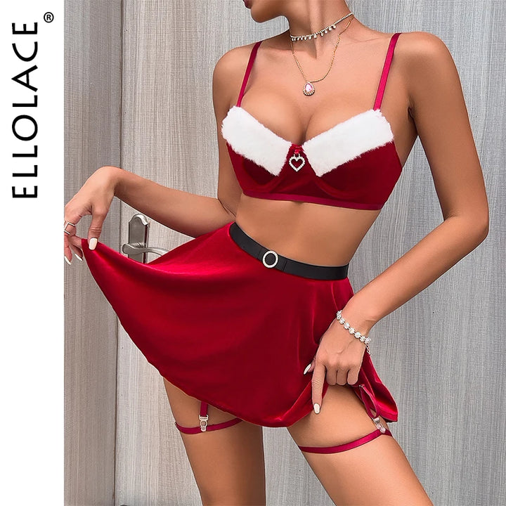 Ellolace Velvet Christmas Lingerie Set – Luxe Bra & Skirt Ensemble