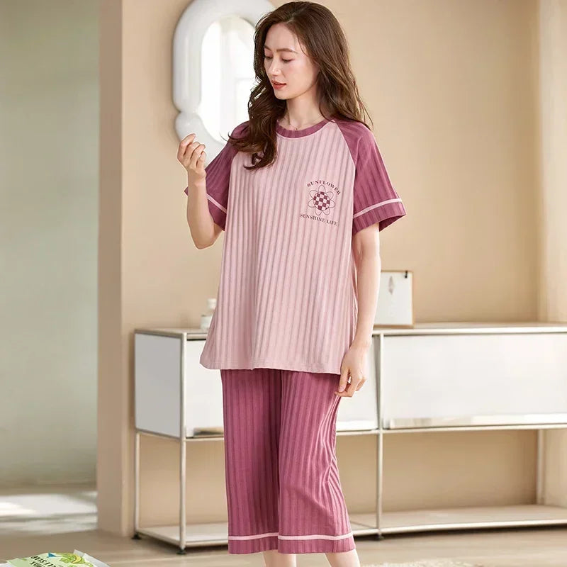 SUKAE Lady Pajamas Set M-5XL Big Size Calf-length O-Neck Sleepwear for Women