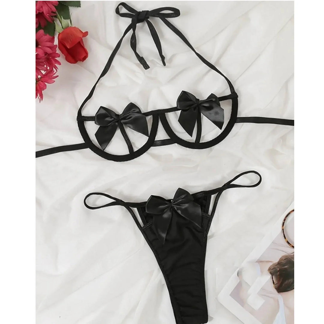 Babydolls Transparent Underwear Sexual Lingerie Woman Sexy Hollow Out Sleepwear Sex Bow Open Bra and Pajama Set Erotic Costume