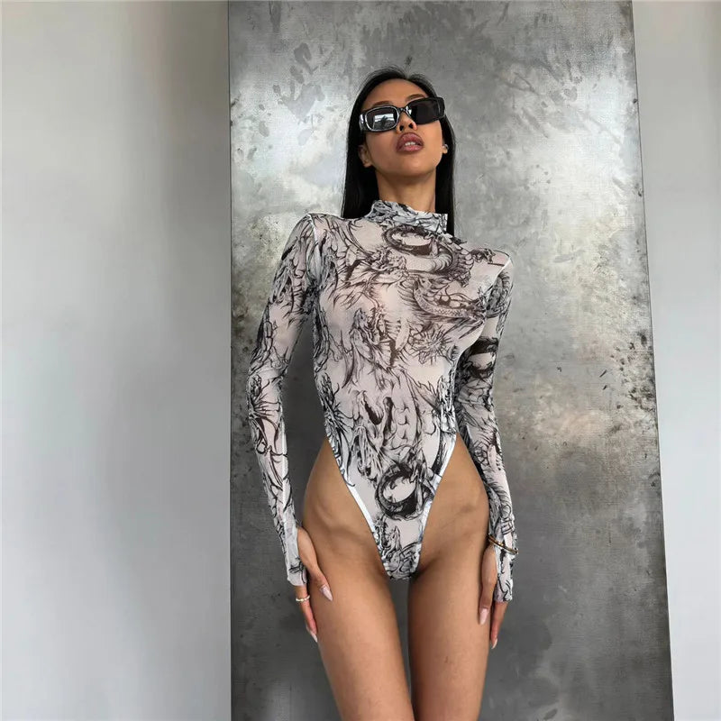 Shestyle Dragon Tie Dye Print Bodysuit Women Black and WHite Inkwash Paiting Mock Neck Body T-Shirt 2023 Autumn Mesh Transparent