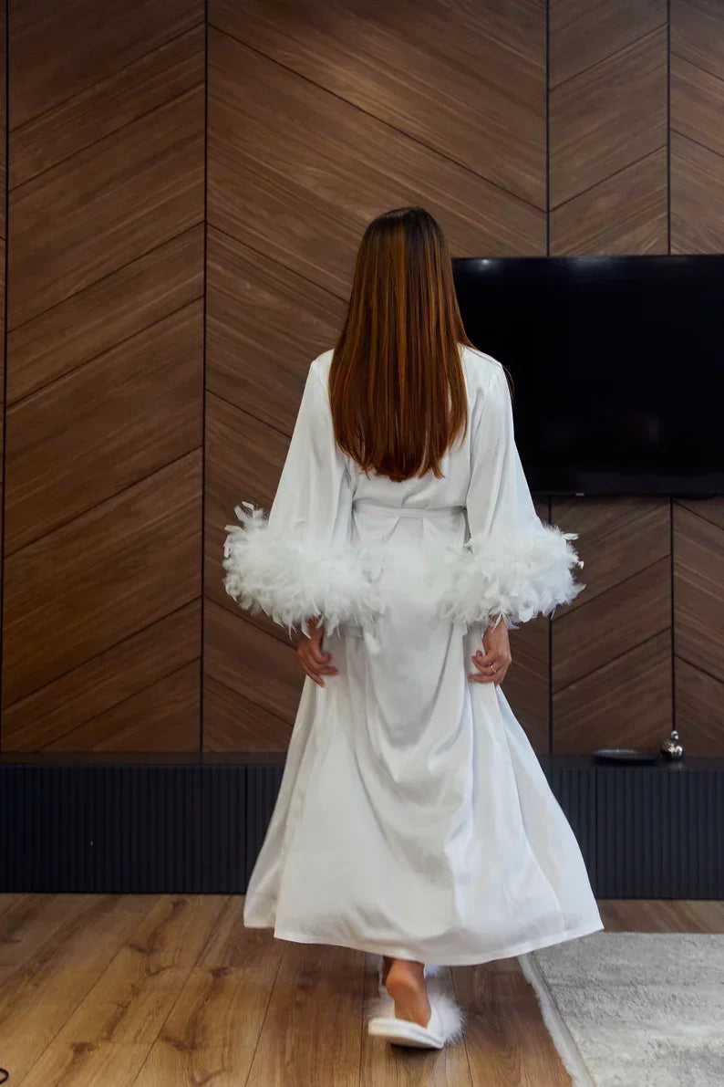 Bride Robe For Wedding Day With Feather Long Silk White Boudoir