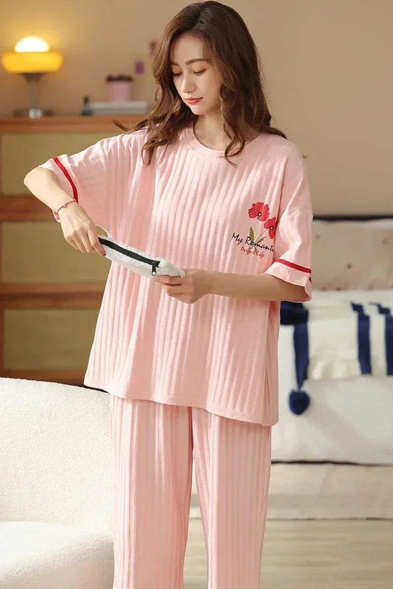 SUKAE Lady Pajamas Set M-5XL Big Size Calf-length O-Neck Sleepwear for Women