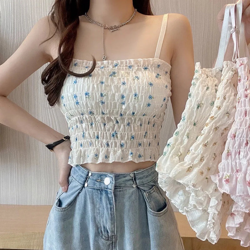 Floral Printed Camisole Woman Summer Sweet Spaghetti Strap Tank