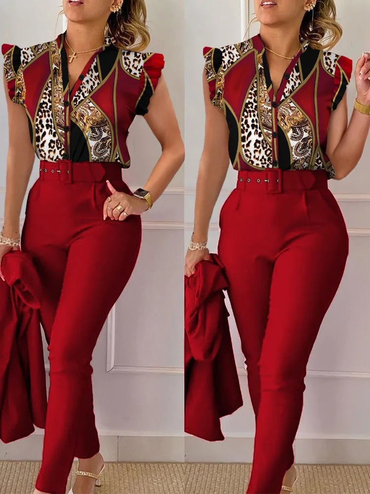 Baroque Leopard Print Flutter Sleeve Top & Pants Set