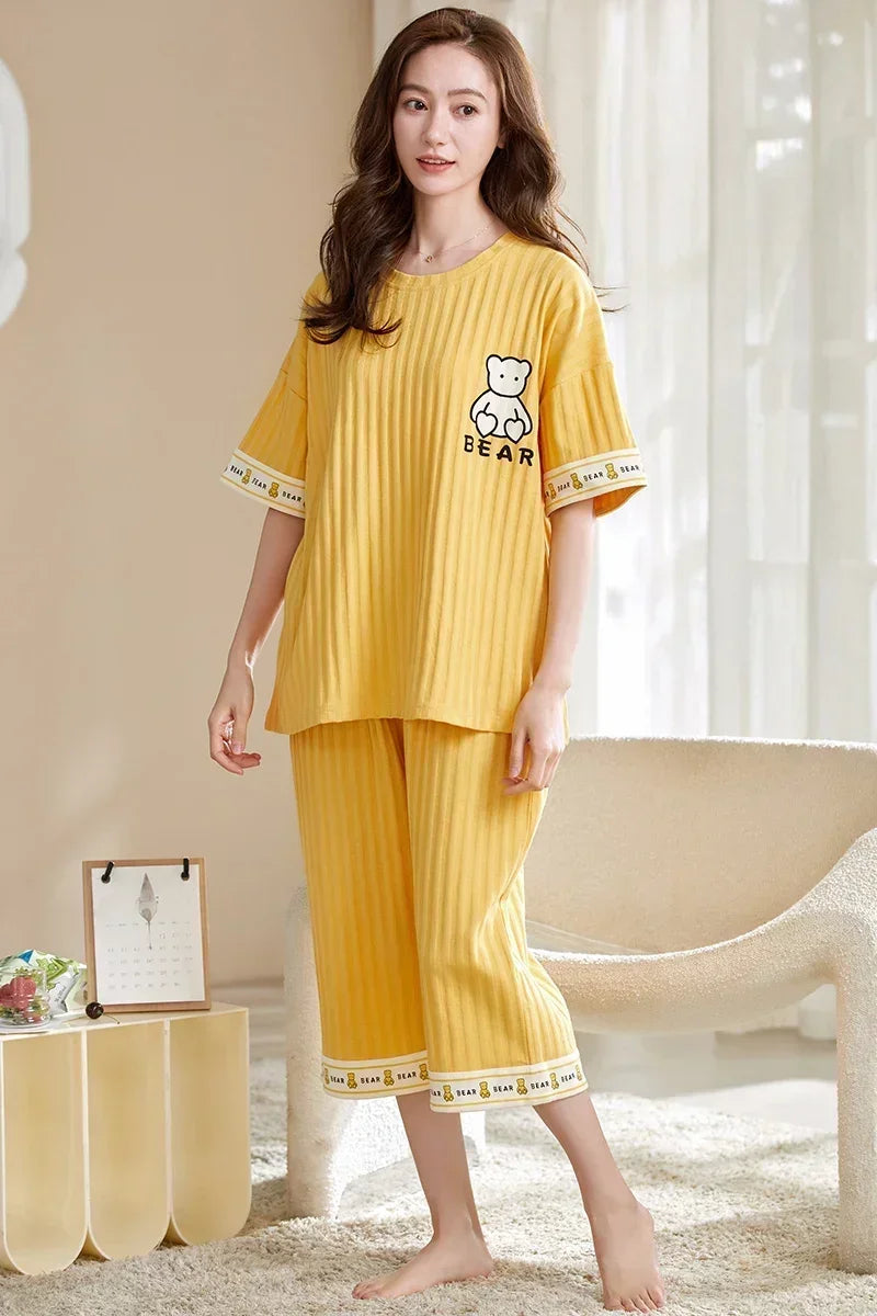 SUKAE Lady Pajamas Set M-5XL Big Size Calf-length O-Neck Sleepwear for Women