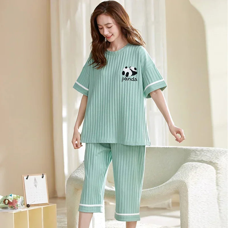 SUKAE Lady Pajamas Set M-5XL Big Size Calf-length O-Neck Sleepwear for Women