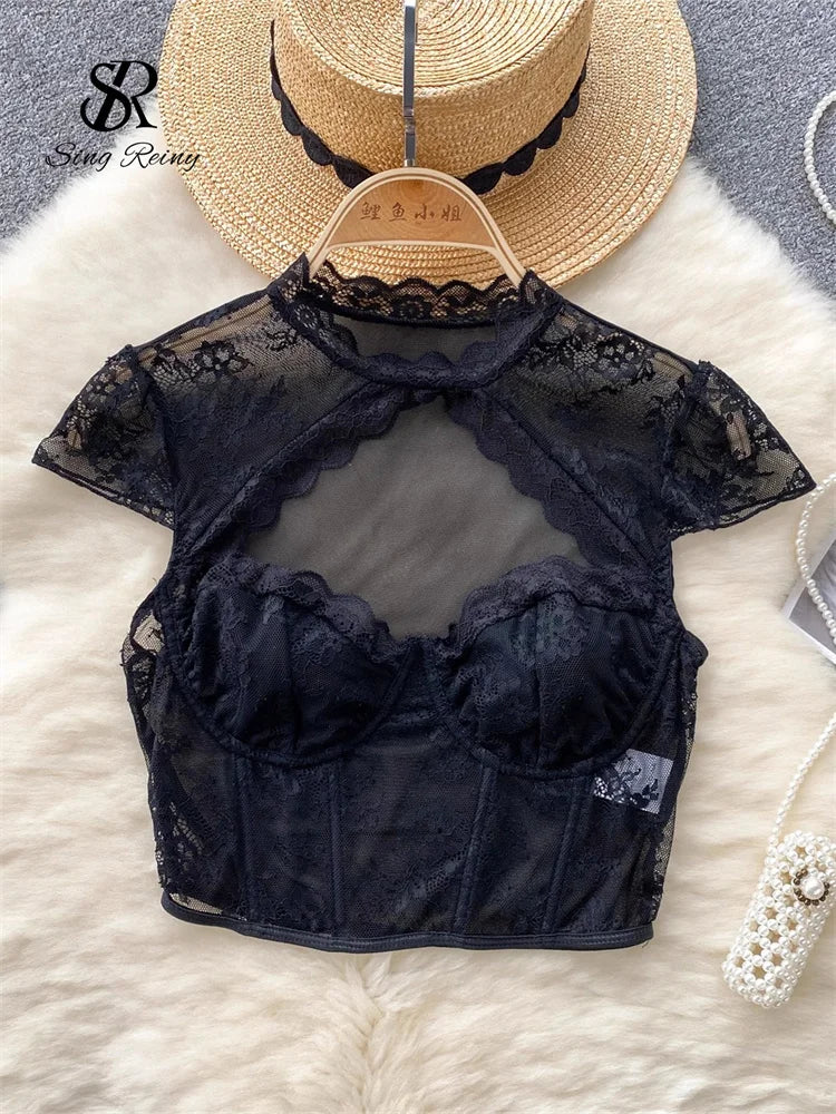 SINGREINY American Sexy Sheer Lace Blouse Women Short Sleeves Hotsweet