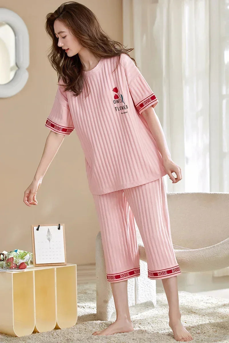 SUKAE Lady Pajamas Set M-5XL Big Size Calf-length O-Neck Sleepwear for Women