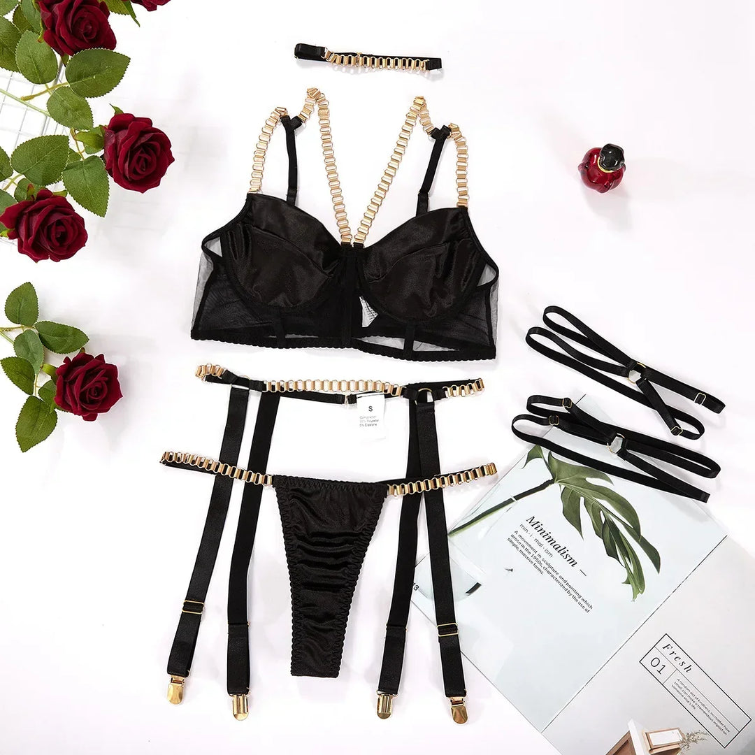 Bra Set Women Underwear Sexy Lingerie Chain Straps Bras with Panties and Garter Leg Ring Sensual Sets Intimate Langerie