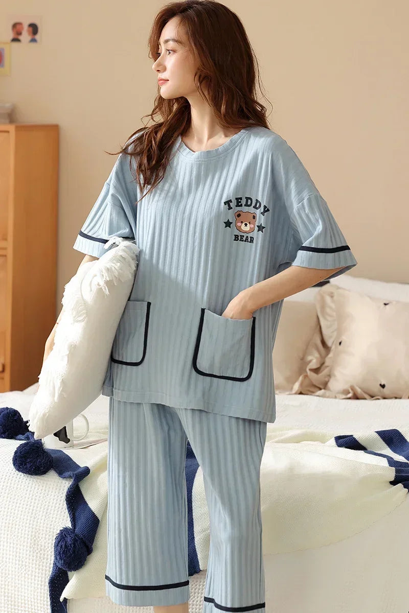 SUKAE Lady Pajamas Set M-5XL Big Size Calf-length O-Neck Sleepwear for Women