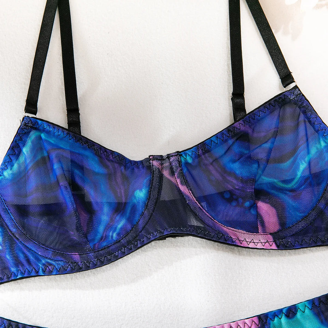 Sexy Perspective Breast Gather Printed Lingerie Set with Gloves