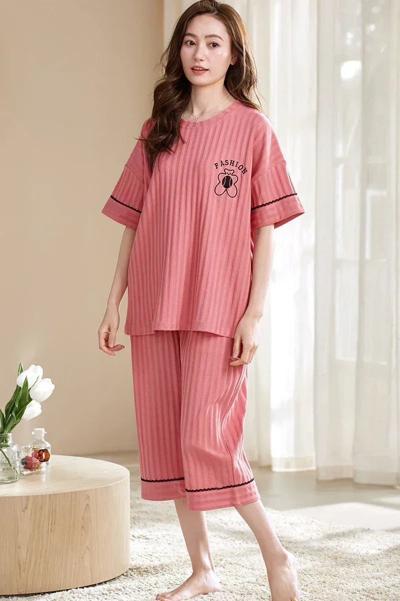 SUKAE Lady Pajamas Set M-5XL Big Size Calf-length O-Neck Sleepwear for Women