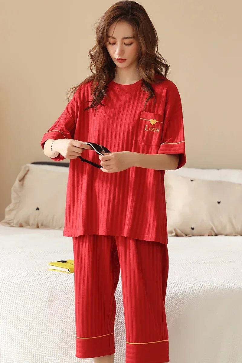 SUKAE Lady Pajamas Set M-5XL Big Size Calf-length O-Neck Sleepwear for Women