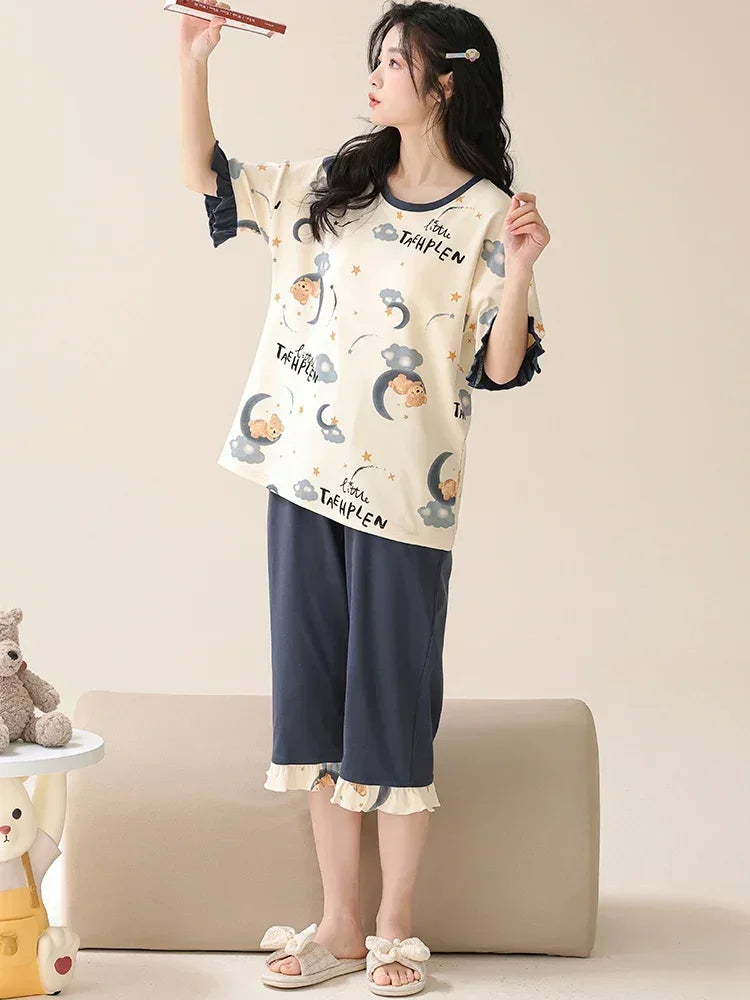 SUKAE Lady Pajamas Set M-5XL Big Size Calf-length O-Neck Sleepwear for Women