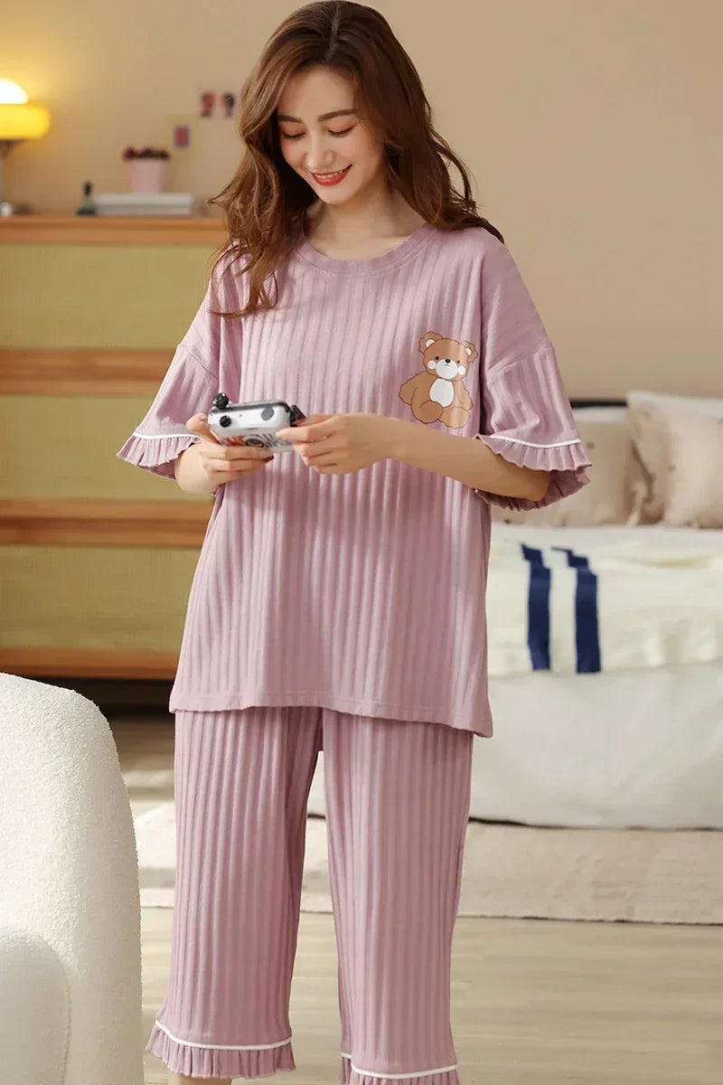 SUKAE Lady Pajamas Set M-5XL Big Size Calf-length O-Neck Sleepwear for Women