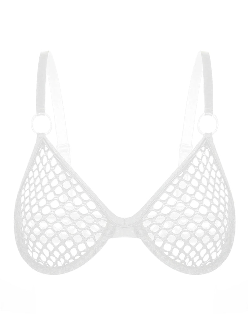 Womens Fishnet Mesh Bra Tops Adjustable Straps Underwired See Through