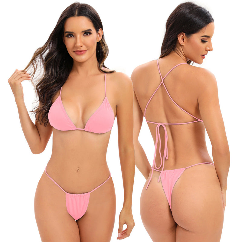 Women's Candy Colored Cross Strap Split Swimsuit With Multiple Straps